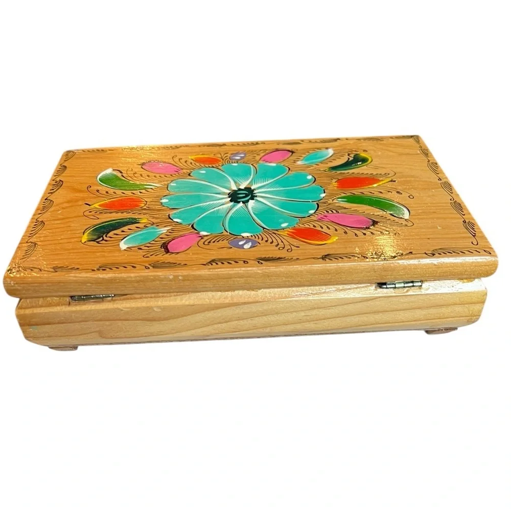 Vintage Wooden Jewelry Trinket Box Hand-painted Mexico Boho